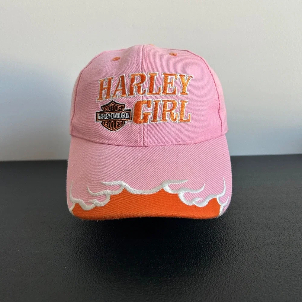 Vintage Harley Girl Hat Cap Strap Back Adjustable Pink Flame Motorcycle Womens